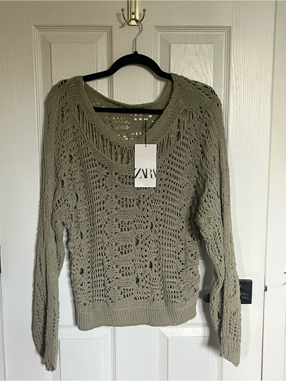 NWT Zara Open Knit Crochet Sweater - Sage Green - Size Medium